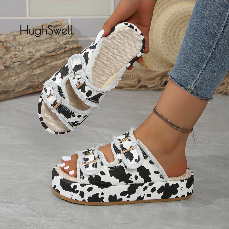 Fashion Camouflage Green Canvas Slide Sandals Woman Chic Fringed Design Buckle Strap Slippers Ladies Cow Print Thick Sole Mule Shoes