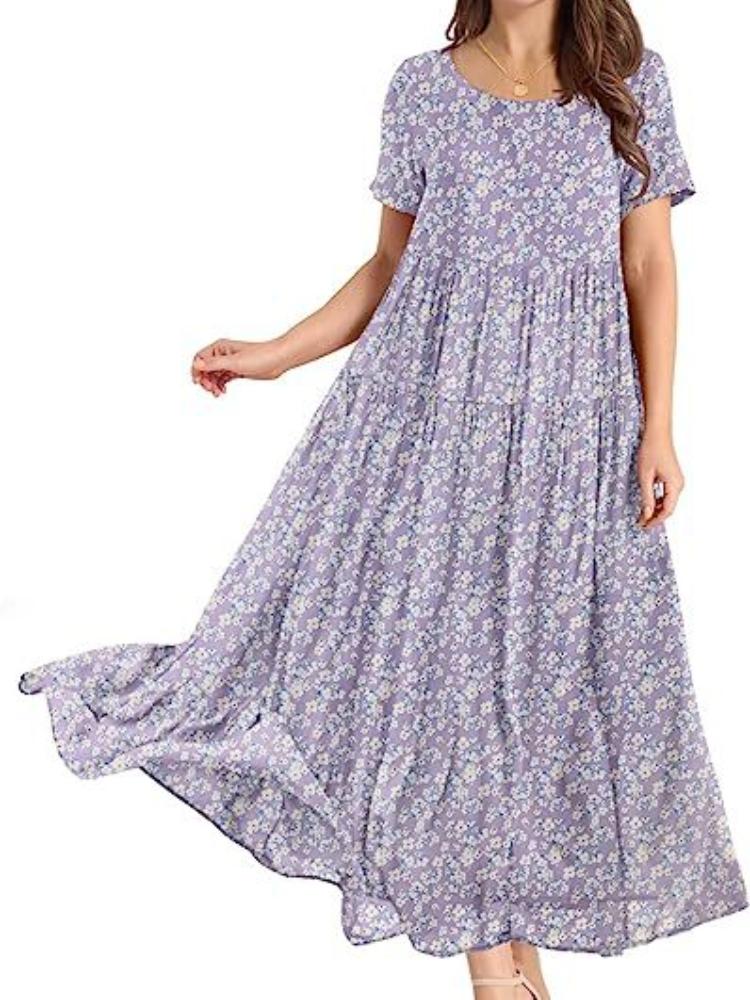 

Floral Print Summer Dress Short Sleeve Round Neck Flowy Swing Dress Casual A-Line Dress for Women 3XL світло-фіолетового кольору