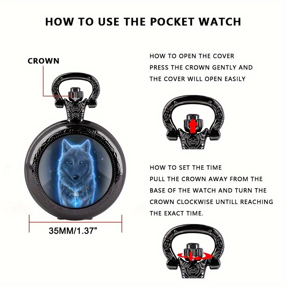 Exquisite Wolf Animal Pattern Quartz Pocket Watch with Necklace Pendant World-Time Feature, Analog Display For Women Men Kids