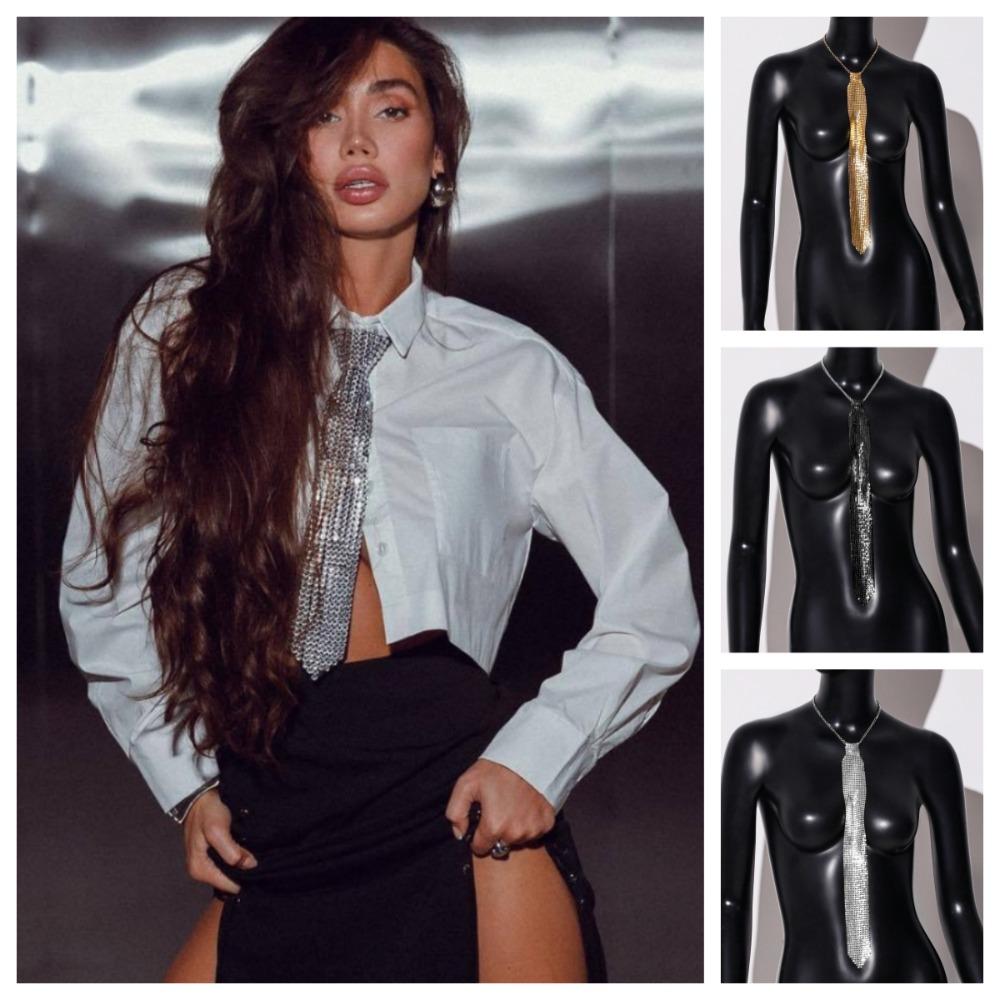 Narrow Metal Sequin Necktie Soft Glitter Cravat Shiny Crystal Rhinestone Neck Tie  Music Festival