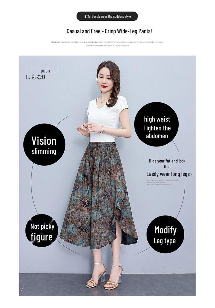 Women's Floral Cotton Silk Wide-Leg Skirt Pants - Summer Casual Elastic Waist, Plus Size, Lightweight Seven-Point Length.