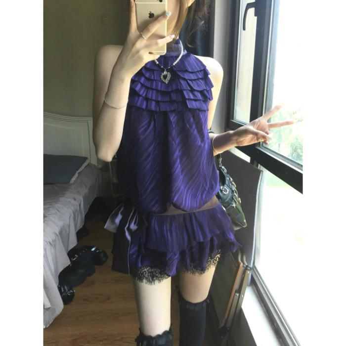 2026 Vintage Purple Satin Lace Halter Dress - Women s Summer Waist-Cinching Skirt S