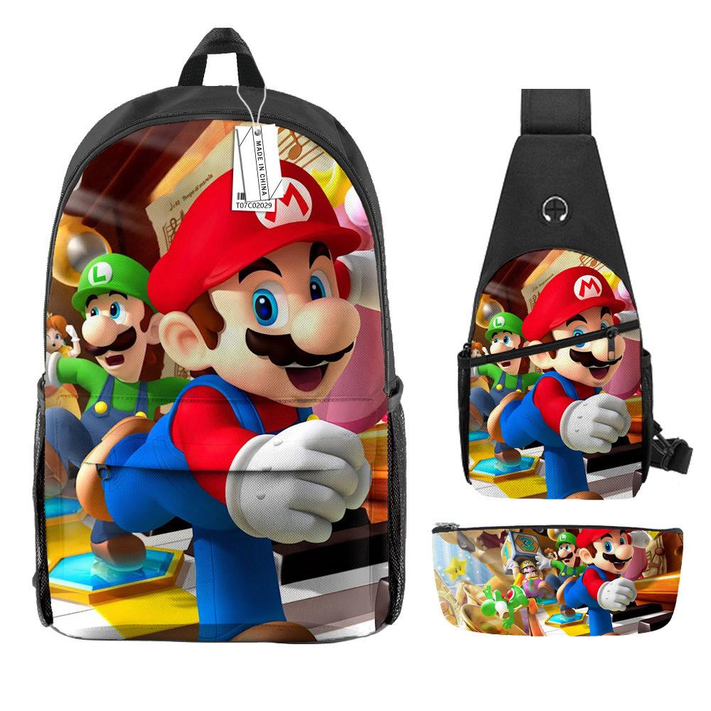 Animation Backpack, Super Mary Primary School Student Print Children'S Backpack Satchel Pencil Case Three-Piece Set