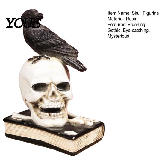 Miniature Crow Bone Sculpture Mystical Raven on Skull Statue, Gothic Perching Figurine Decorative Resin Skeleton with Book, Spooky Halloween for Desk