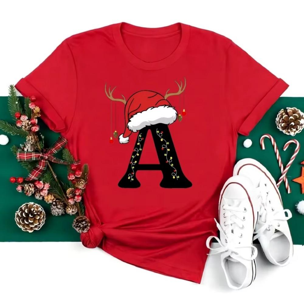 Christmas Alphabet T Shirt Men Casual Fashion T-shirt Short Sleeve Christmas Party Aesthetics Red Top Harajuku Sleeve Casual