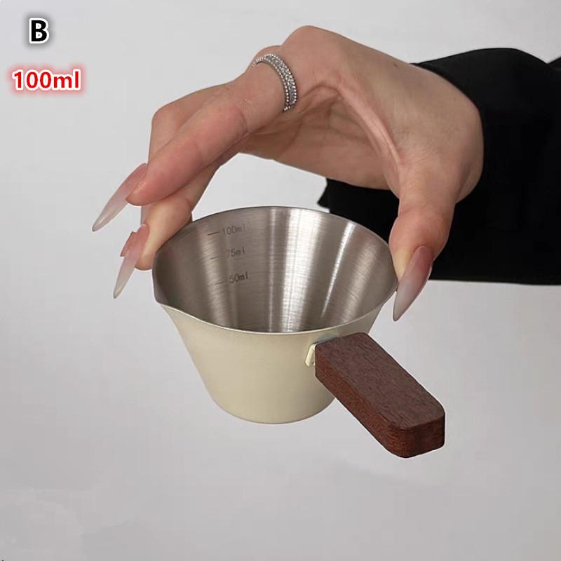Stainless Steel Espresso Shot Glass with Walnut Handle Graduated Coffee Measuring Cup 2 Oz Liquid Volume Markings Barista Tool