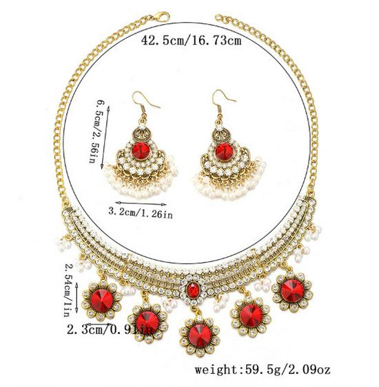 Conjunto de Colar e Brincos de Flor com Strass Estilo Étnico Retro para Mulheres