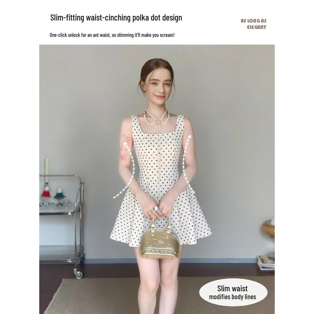 2026 New Style French Polka Dot Spaghetti Strap Dress for Women - Early Summer White Short Skirt