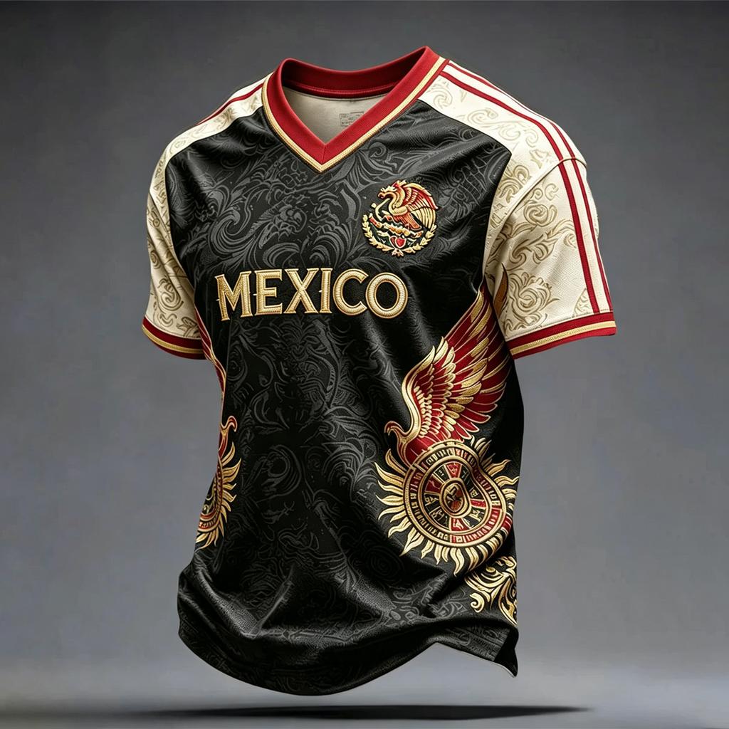 Men's Casual V Neck Short Sleeve Shirt Breathable Fabric Lightweight Fit Mexico Letter Print Sports Tee