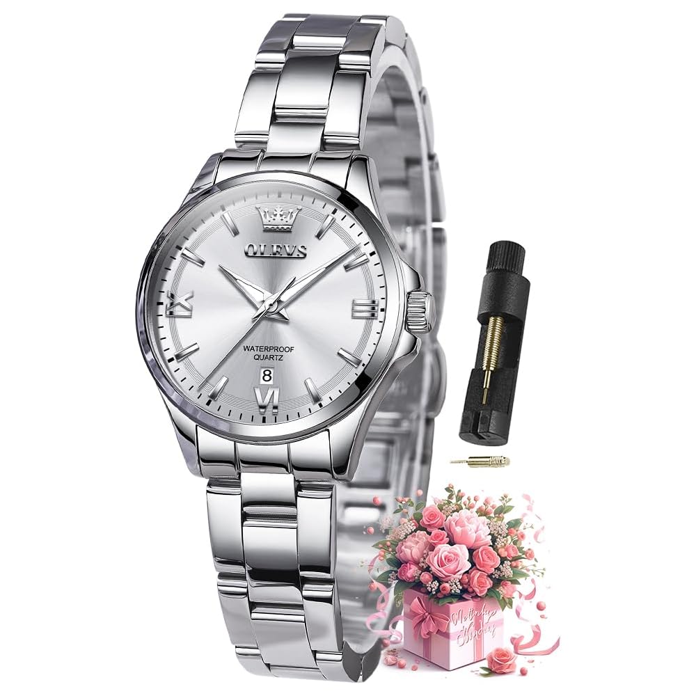 OLEVS Women s Luxury Elegant Watch Stainless Steel Waterproof Luminous Diamond Small Wrist Fashion Watch Silver