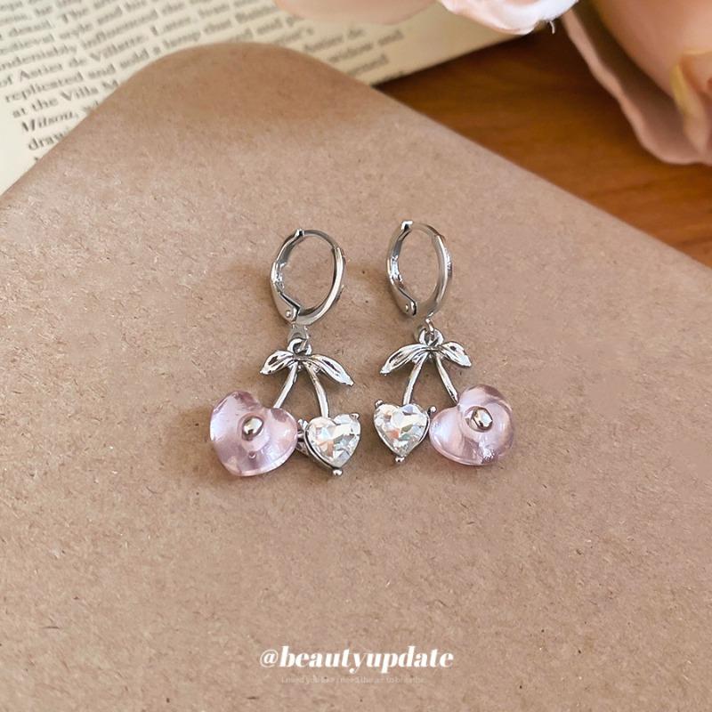 Girl sweet cool style ins love cherry pendant ear buckle sweet cute design earrings daily versatile accessories