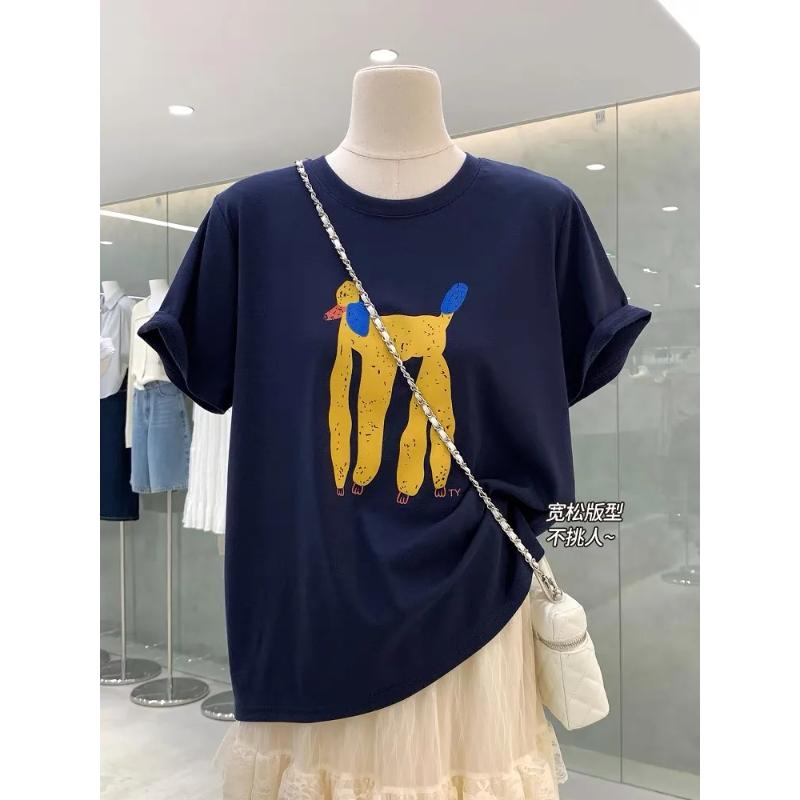 Luźny T-shirt z nadrukiem kreskówkowym, krótki rękaw, design 2025, letni, nowy, czysta bawełna, wszechstronny top