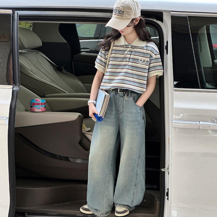 Gestreiftes Polo-Shirt und Jeans-Hose mit weitem Bein für Mädchen - Koreanischer Stil Lässige Sommer-Mode