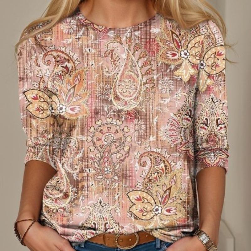 Women's Spring Autumn Square Pattern Totem Long Sleeve T-shirt Round Neck Slimming T-shirt Digital Printing Shirt