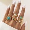 11Pcs/Set Fashion Green Nature Stone Metal Rings for Women New Multi Layer Stacking Wearing Pearl Rings Charm Jewelry Wholesale