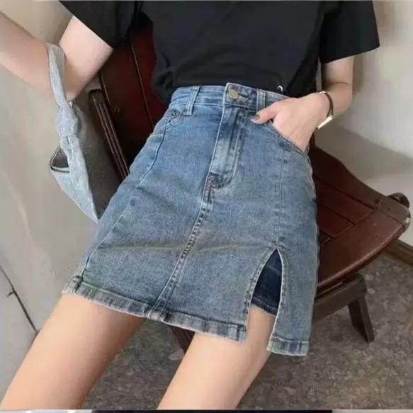 Women's Plus Size High Waist Denim Mini Skirt with Slit - Retro A-line, Slimming Summer Style