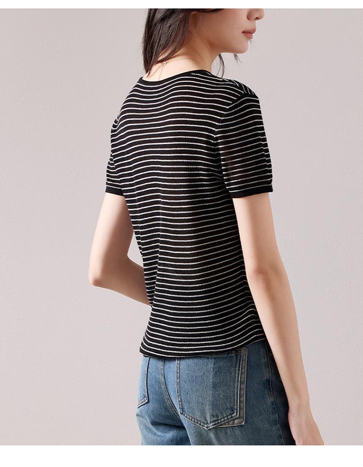Round Neck Short-Sleeved Thin Striped Knitted Sweater for Women
