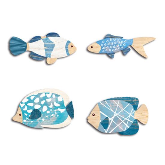 4 Pcs Wooden Fish Wall Decor Rustic Beach Nautical Wood Art Coastal Themed Wall Hanging Sign for Home Lake House Bathroom Decor