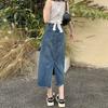 Design Sense Denim Skirt Leather High Waisted A-line Mid-length Skirt Casual Straight Back Open Fork Package Hip Bustier Skirt Female Denim Skirt