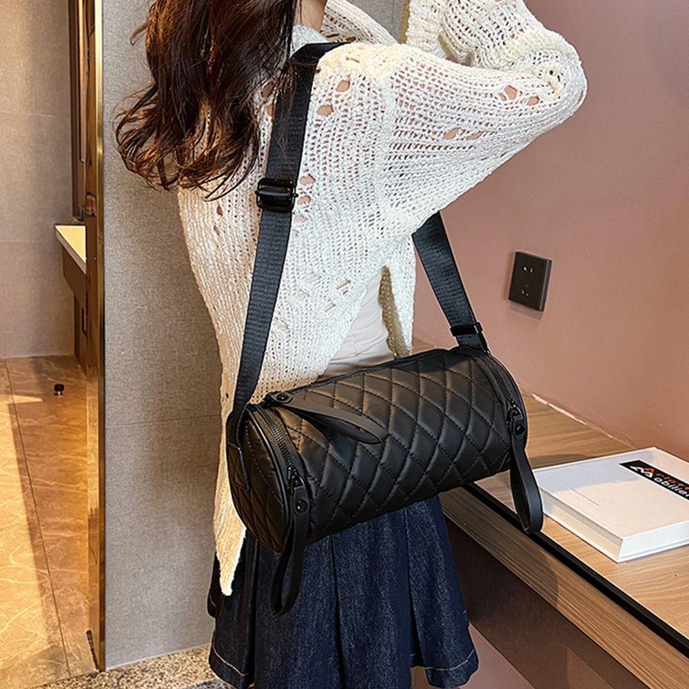 Elegant Rhombus Crossbody Bag Plaid Cylinder Bag Casual Nylon Shoulder Bag  Girls
