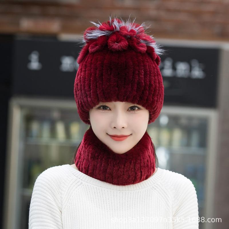 New Women's Rex Rabbit Hair Hat Winter Thickened Warm Fashion Versatile Elastic Fur Woven Hand Sewn Knitted Hat