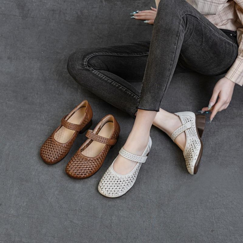 Fashion GKTINOO 2025 New Spring Summer Top Layer Cowhide Hollow Women's Mid Heel Shoes Sandals Comfort Breathable Genuine Leather Shoes