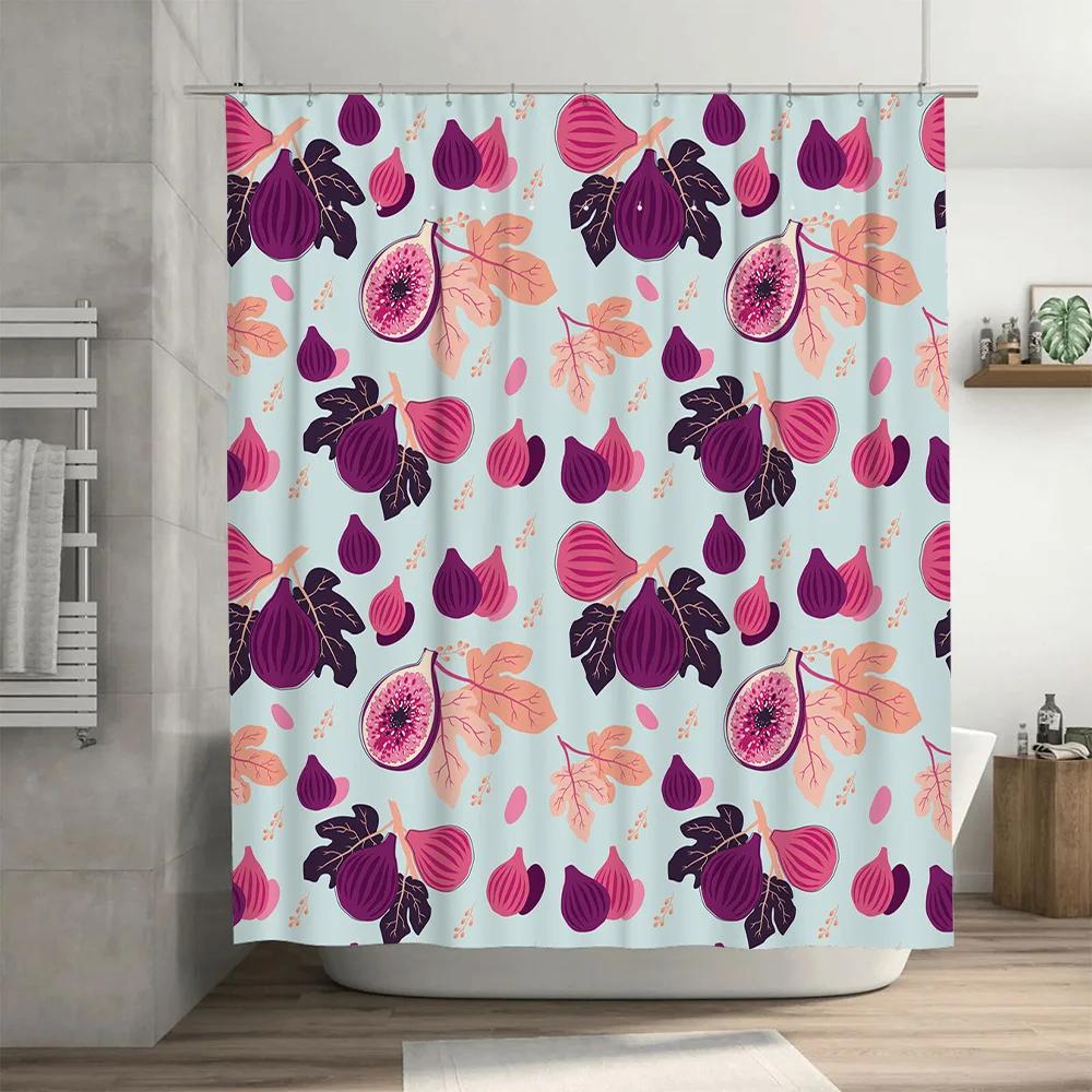 Stylish Fruits Shower Curtain featuring Fig Leaves in Pink Purple for Bathroom Decor Quick Dry Waterproof Fabric