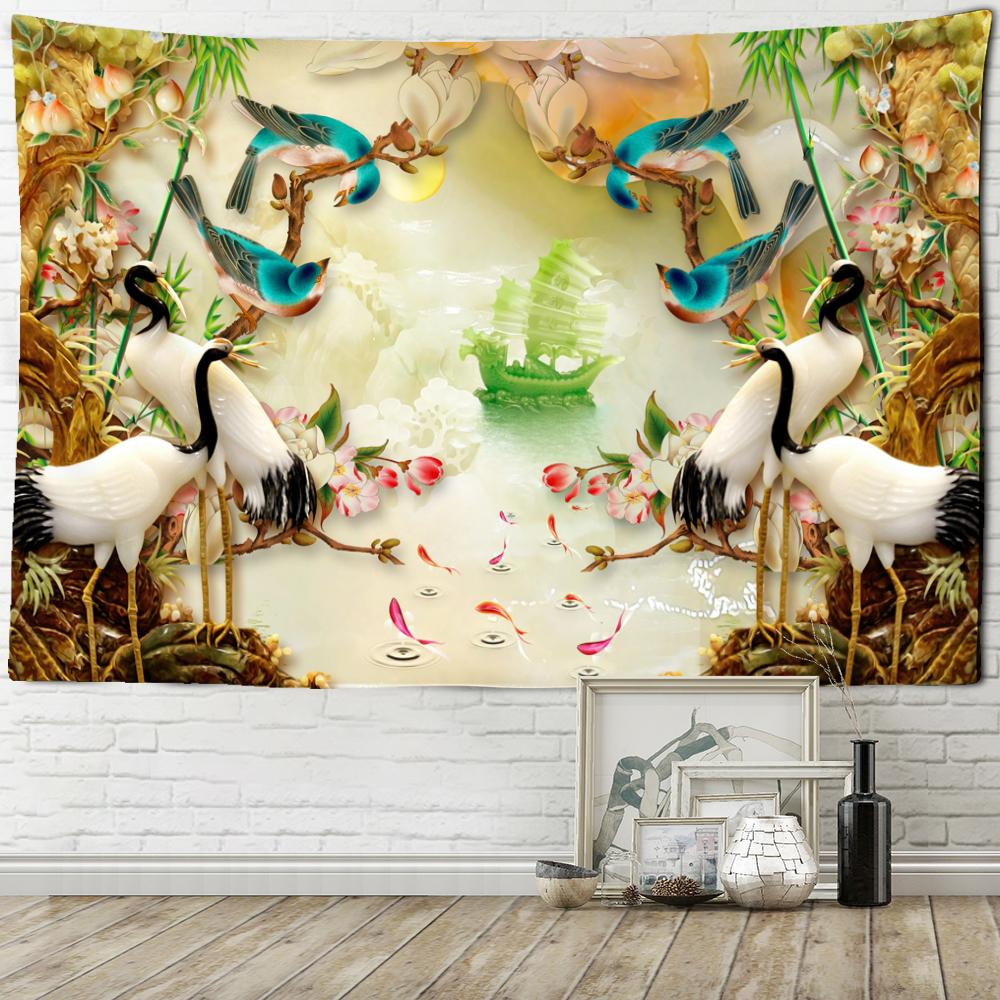 Crane Relief Tapestry Wall Hanging Oil Painting Psychedelic Retro Bohemian Art Mattress Room Home Decor