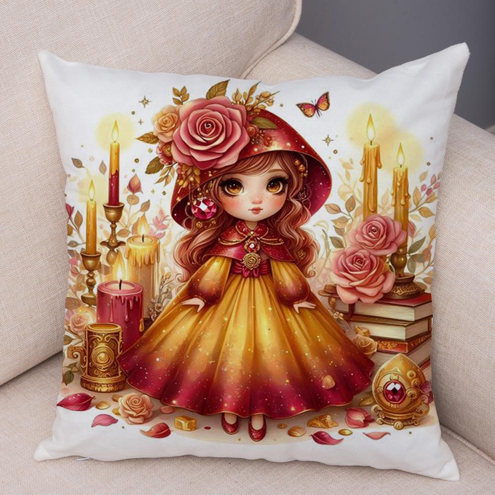 Rose Candle Witch Girl Cushion Cover Decor Cute Cartoon Children Pillowcase for Sofa Home Car Soft Plush Pillow Case xcm