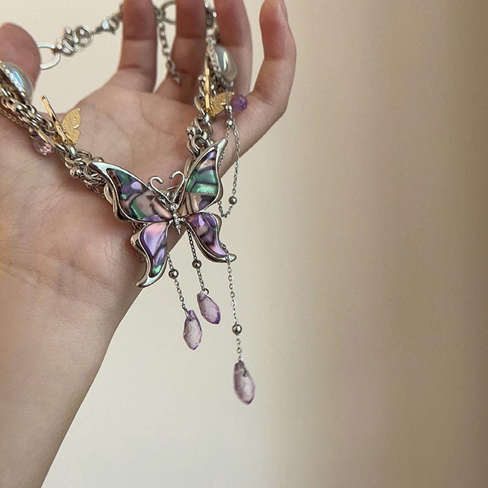 Korean Style Y2k Clavicle Chain Colorful Sweet Choker Summer Butterfly Tassel Necklace  Hot Girls