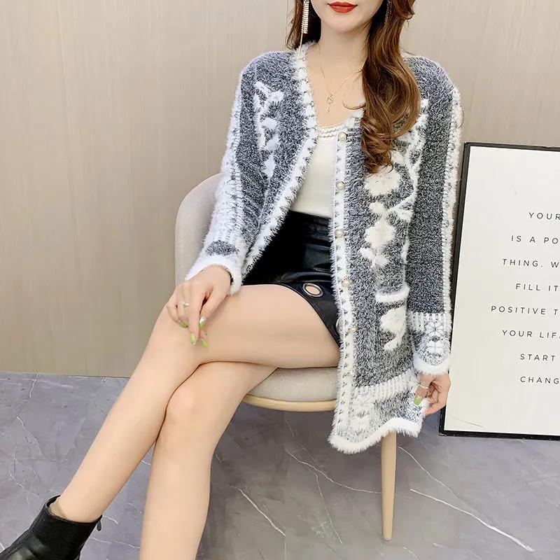 Women's Winter Mid-length Buttons Sexy Slim Imitation Mink Cardigan Sweater Female Knitted Sweater Tops