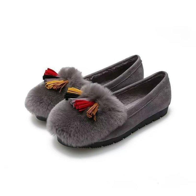 Tassel thick-soled fluffy shoes for women's 2025 winter new outer wear, velvet imitation rabbit fur, one pedal, bean shoes, warm cotton shoes