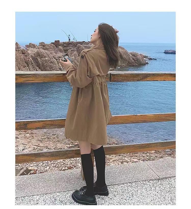Khaki Petite Double-Breasted Trench Coat for Women - 2025 Autumn Korean Style, Loose Fit