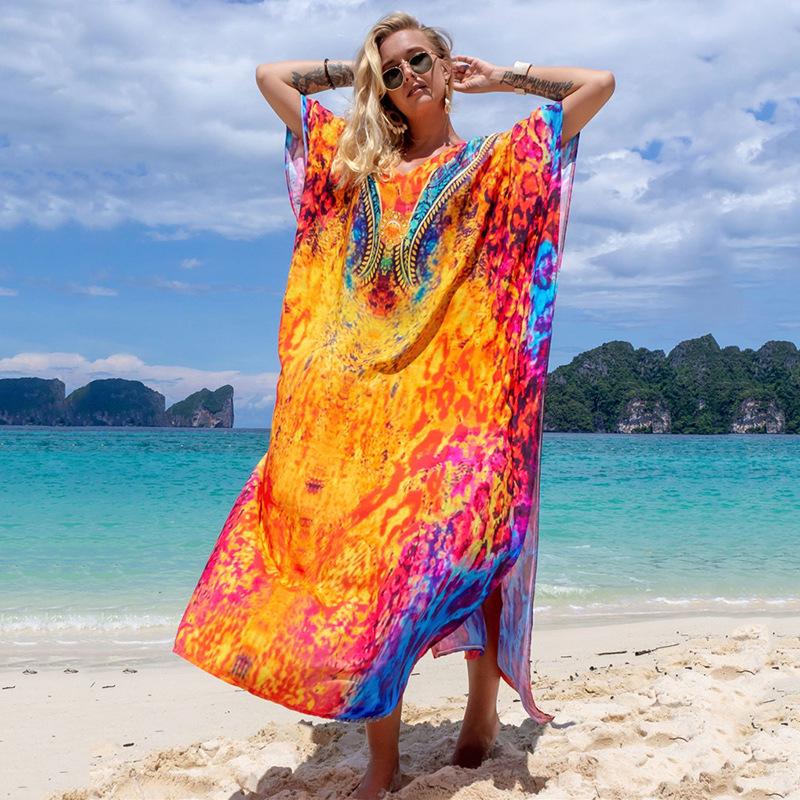 Farbenfroher Strandüberwurf Lange Robe - Locker, Viskose, Sonnenschutz, Urlaubsstil (2022)