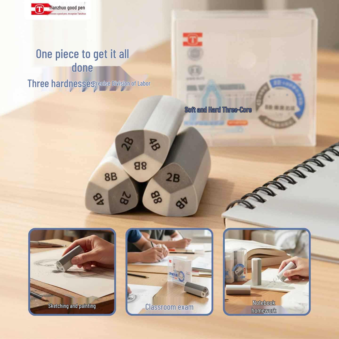 

Tianzhu Multi-Functional 3-in-1 Eraser: Soft & Hard, Art Student Special, 2B/4B/8B Clean & Trace-Free. Soft and Hard 3-core, 3 pieces per box