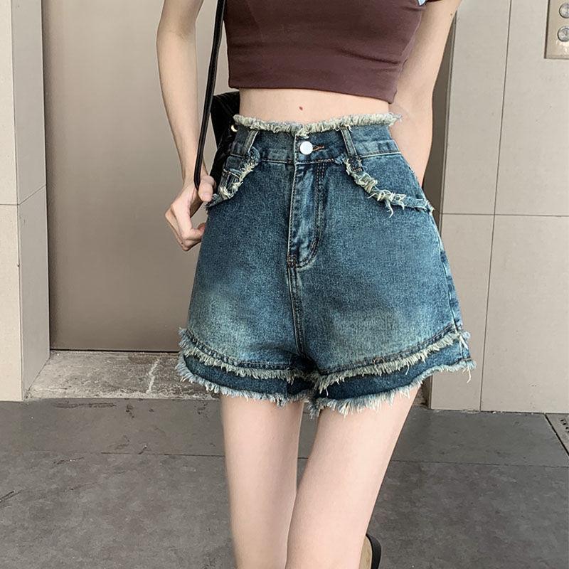 Design sense niche rough edge denim shorts women's summer new retro high waist loose and thin wide leg shorts