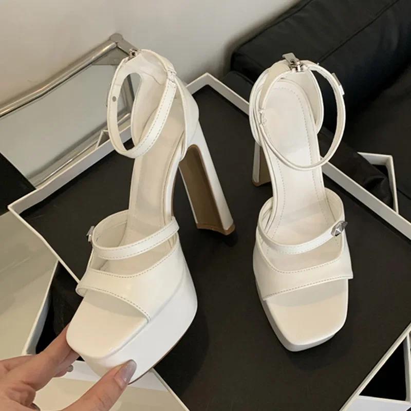 Luxury Patent Leather Platform Sandals Women 2025 Summer Zip Cover Strap Design Chunky High Heels Elegant Banquet Dress Shoes