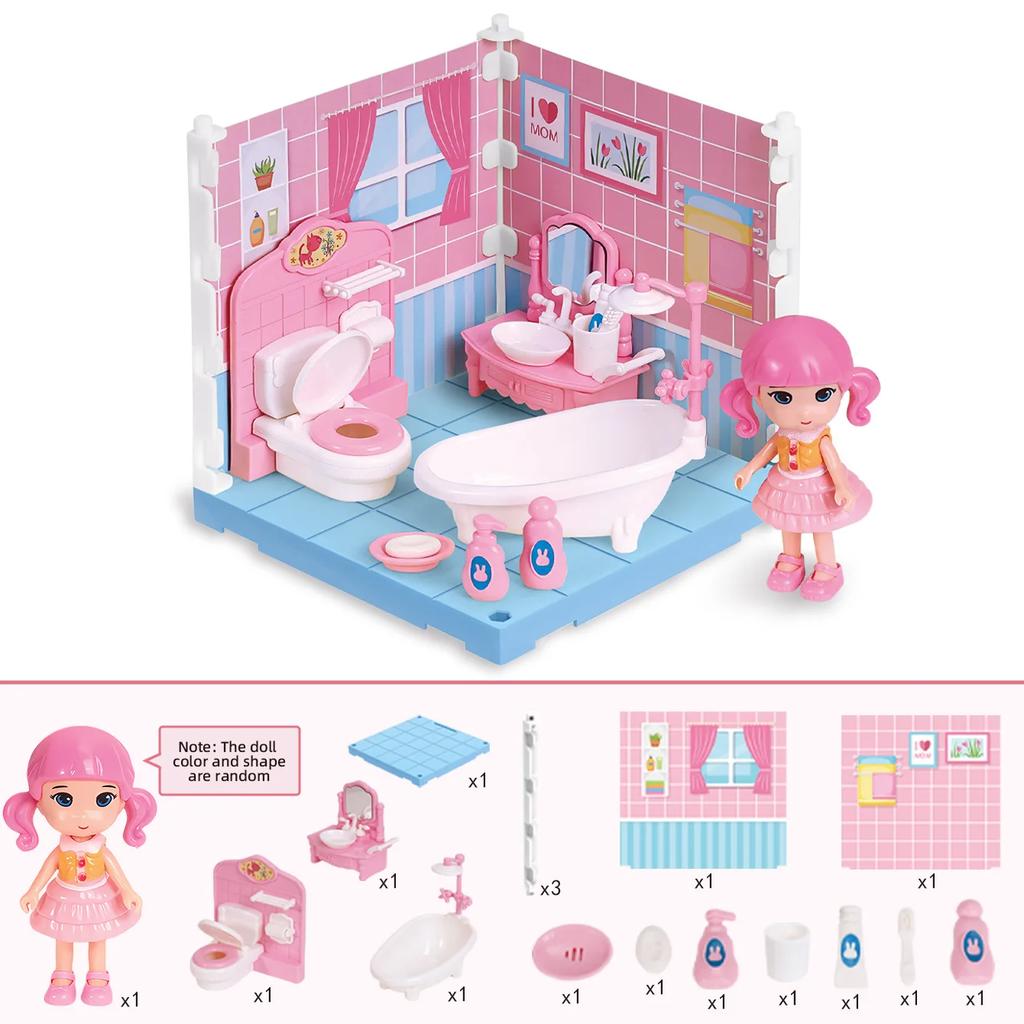 Miniatures House Kit Girls Toys Doll House Mini Room Simulated Bedroom Bathroom Kitchen Study Furniture Play House Toys for Kids