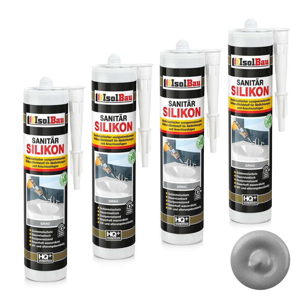 IsolBau Sanitary Silicone Gray Sanitär Silikon 4 x 300ml