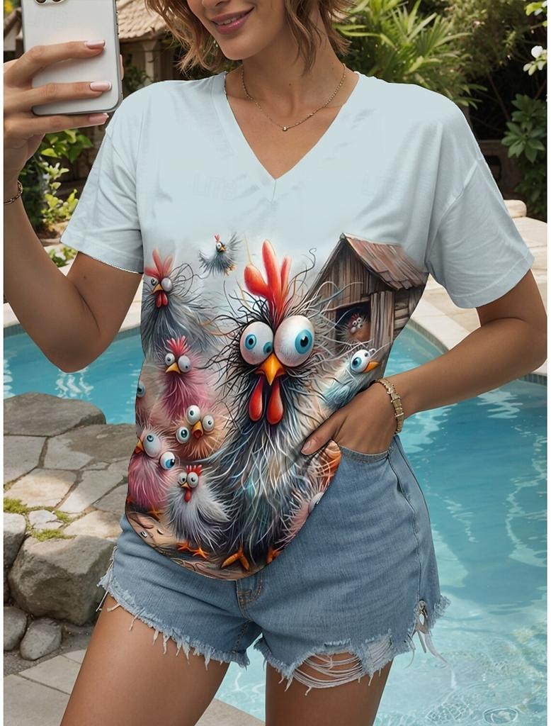 Damen T-Shirt Kawaii Tiergrafik Mode Kurzarm V-Ausschnitt Reguläre Oberteile Täglich bedrucktes T-Shirt Sommer Frühling lässige Oberteile