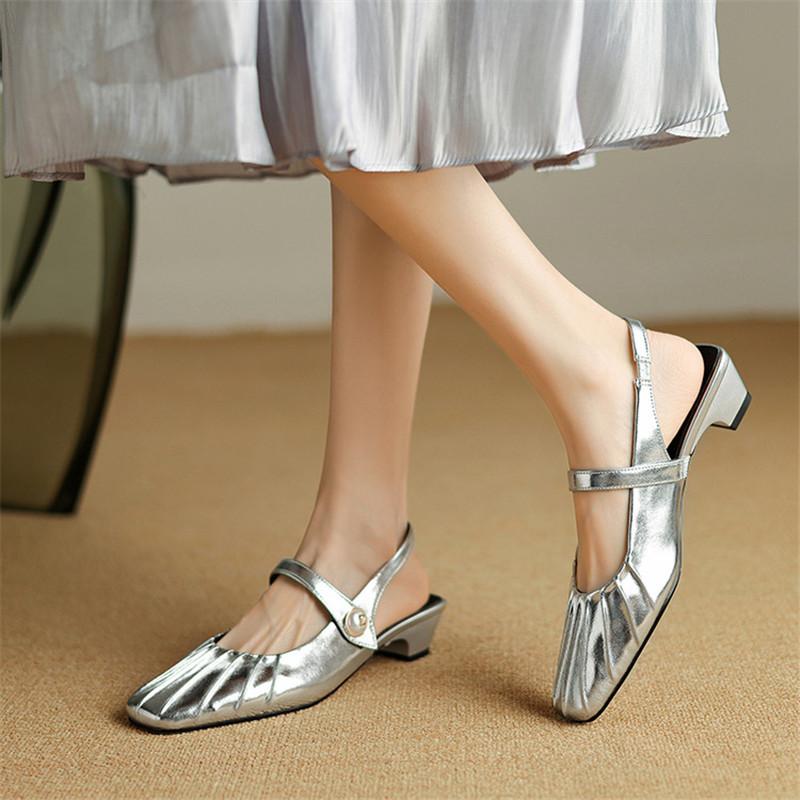 Fashion New Summer Sandals Split Leather Sandals for Women Fashion Square Toe Low Heels Cover Toe Sandals Ladies Shoes Casual Shoes