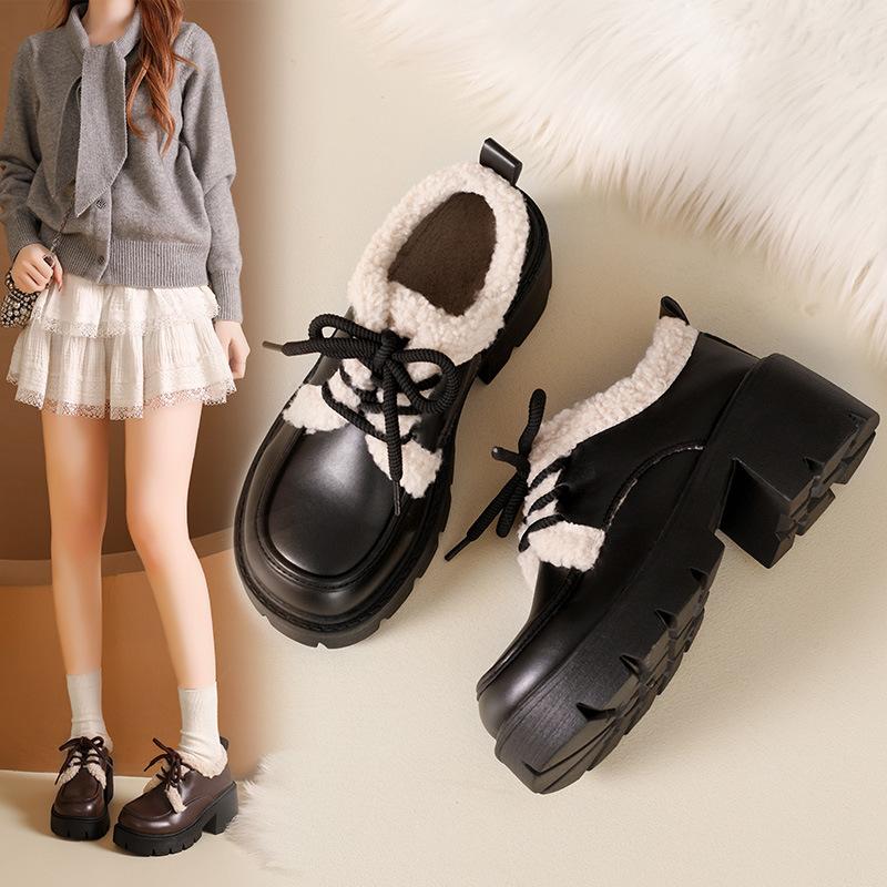 Loafers platform-soled velvet single shoes women's 2025 autumn and winter new fluffy shoes thick heel cotton shoes warm lace-up small leather shoes