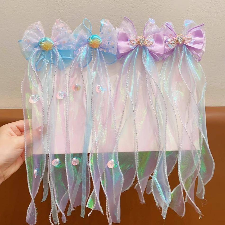 Toddler Girl Mermaid Headwear Children Princess Bow Hairpin Girls' Floating Yarn Braided Hair Clip Mermaid Maiden Hair Accessory
