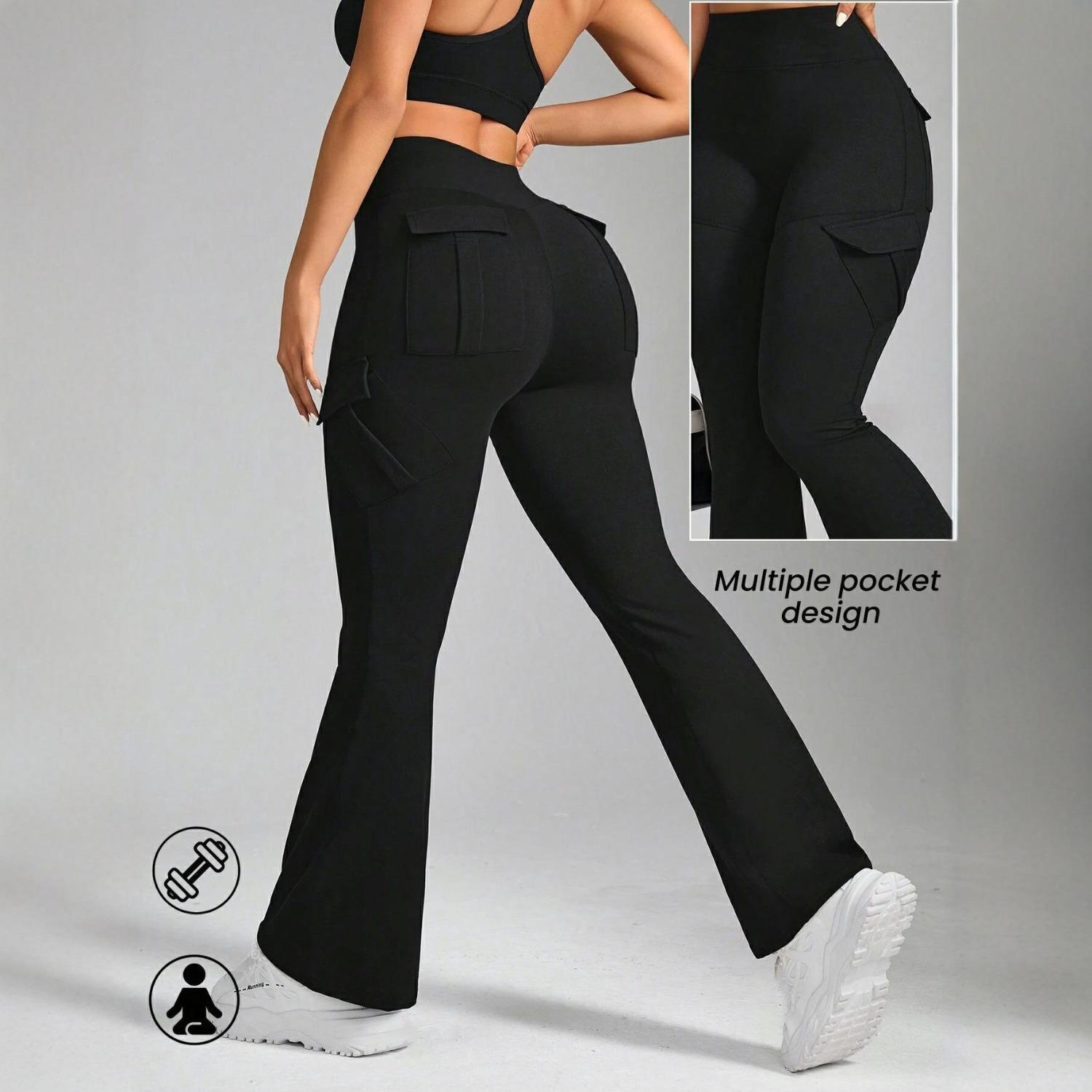 Women s High Waist Flare Leg Yoga Pants Slim Fit Pocket Casual Lounge Pants S