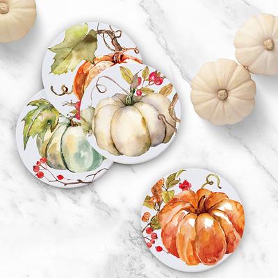Fall Pumpkin Coaster Autumn Round Drink Coasters Absorbent Natural Ceramic Coasters Pumpkin Cup Mat Thanksgiving Party Decor