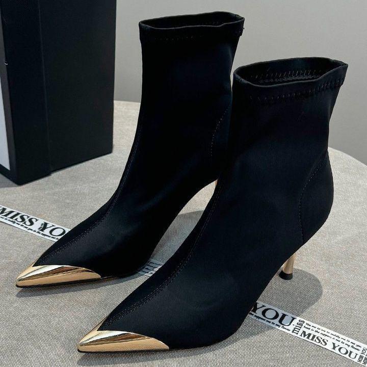 Metal pointed high-heeled elastic thin boots women's 2025 autumn new fashion versatile black temperament short boots stiletto