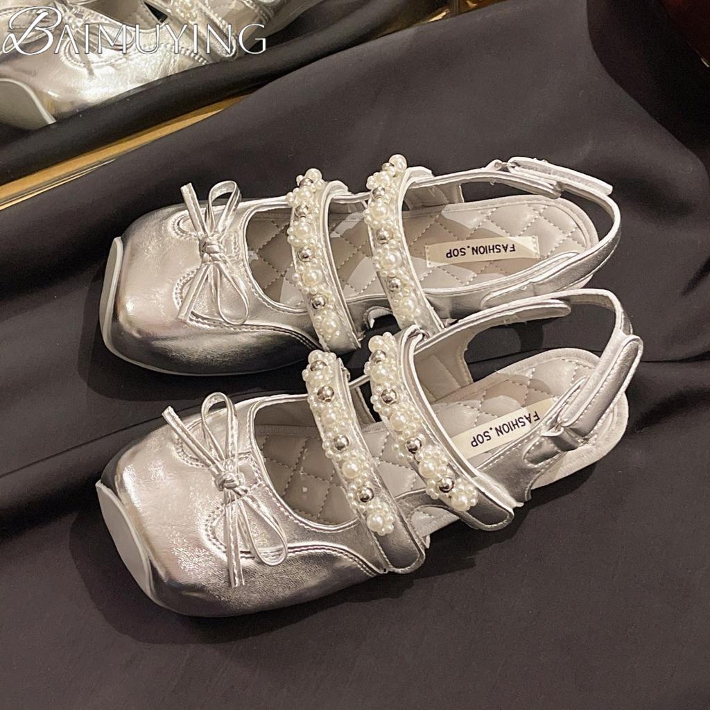 Fashion Bow Square Toe Flat Sandals Women Bead Mary Jane Shoes Woman Casual Summer 2025 Trend Shallow Dress Loafers Elegant Sandalias