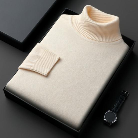 Auutmn Winter Men Top High Collar Slim Fit Knitted Solid Color Elastic Sweater Plus Size Pullover Mid Length Sport Daily Wear School Sweater