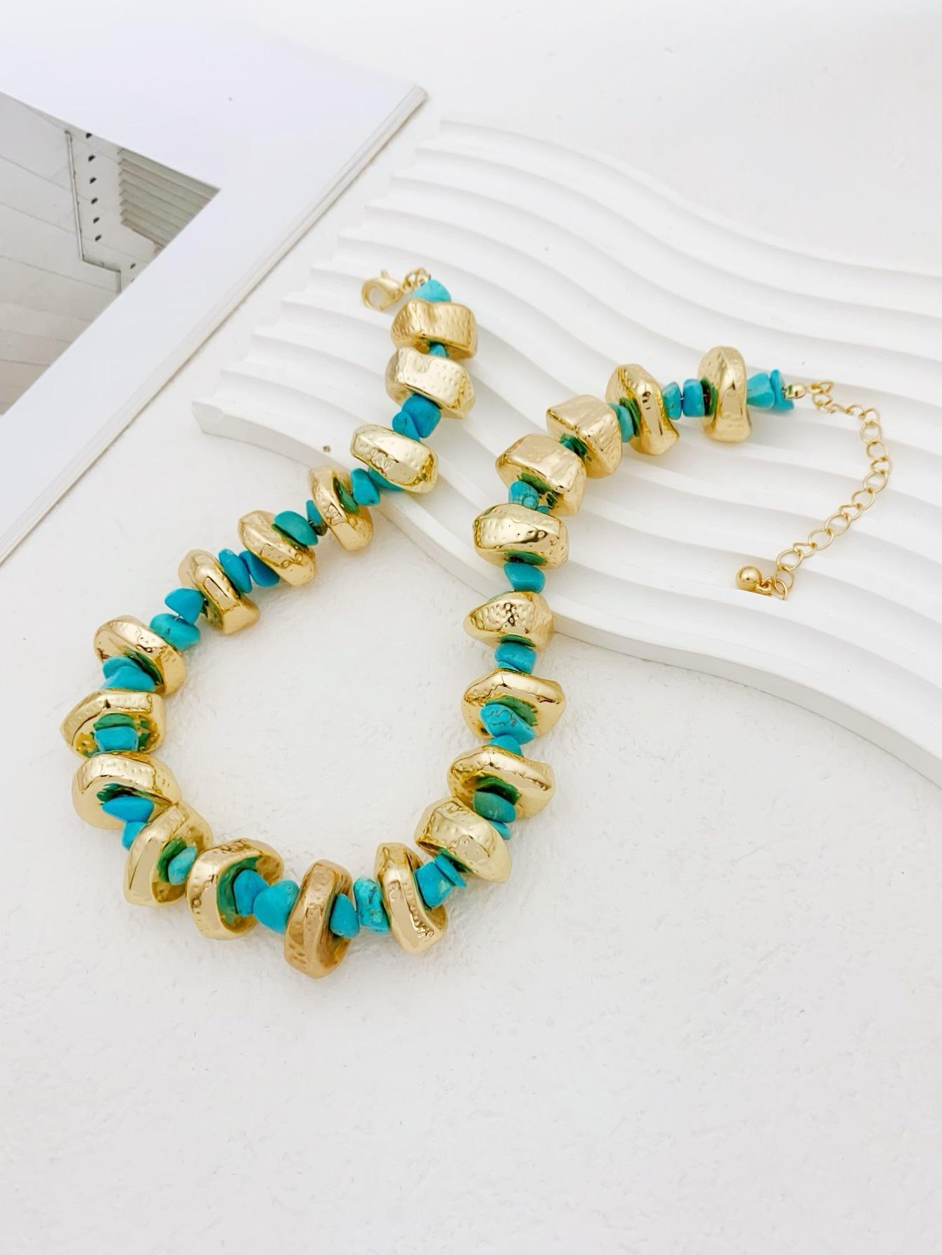 Bohemian Irregular Crushed Stone Special-shaped Bracelet,Bohemian Turquoise & Coral Beaded Bracelet, Gold Plated Chunky Stone Statement Bracelet