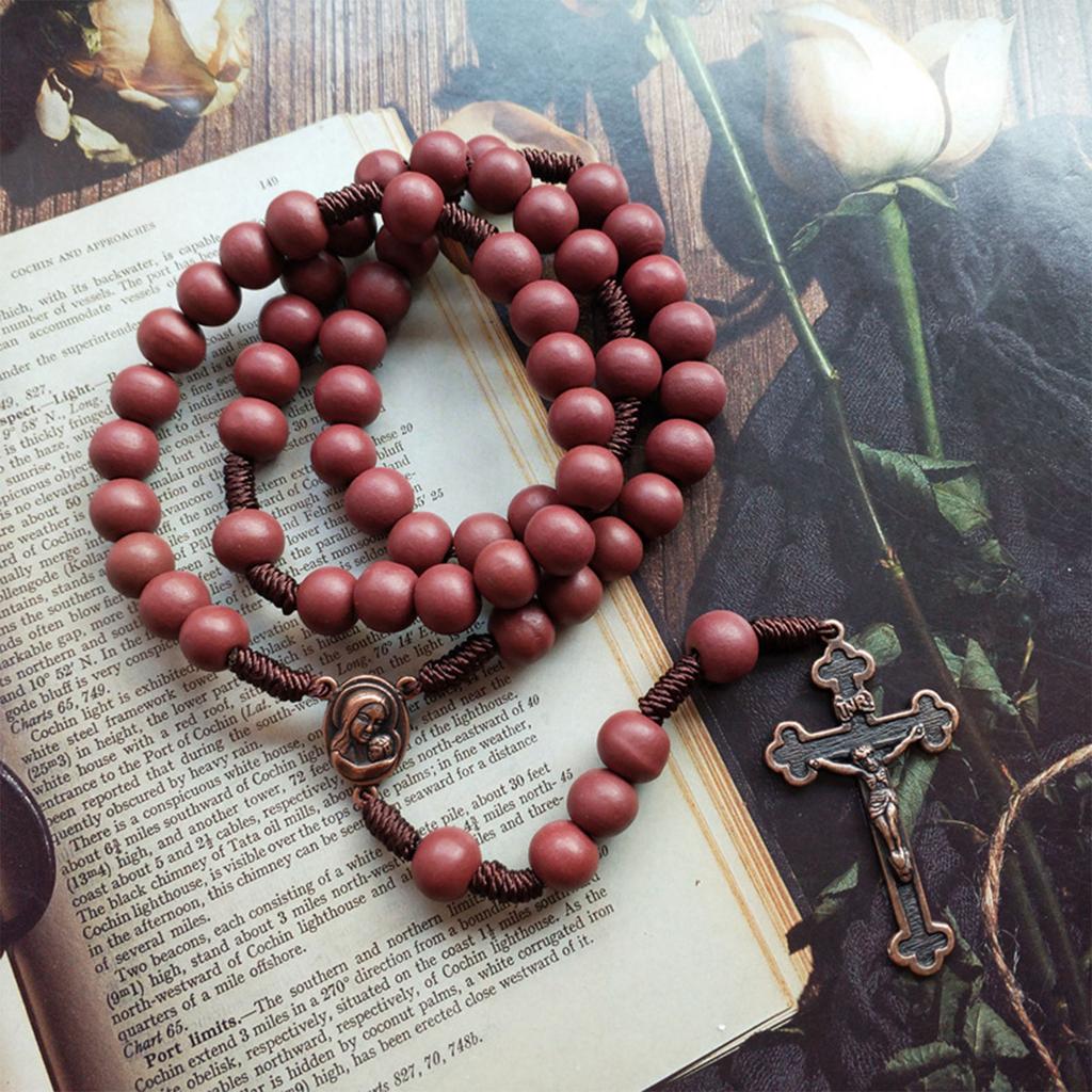 Natural Wood Cross Rosary Pendant Necklaces Catholic Jesus Bead Necklaces for Men Women Jewelry Christian Religious Gift